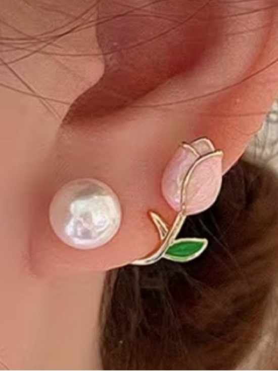 Fashion Jewelry Jewelry - Pink Rose and Pearl Stud Earring